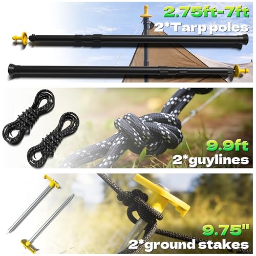 KJE 2 Pack Adjustable Heavy-Duty Tarp Poles, Camping Tent Poles Set with Ground Stakes & Guylines & Yellow Protection Caps, Aluminum Telescoping Pole(2.9ft to 8.7ft) for Outdoor Tarp Use