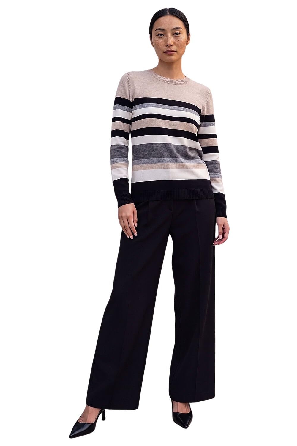 Roman Petite Women's Stone Stripe Round Neck Jumper Size 12