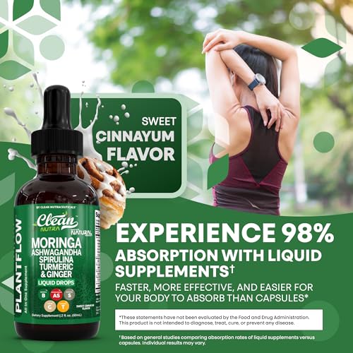 Clean Nutra Moringa Supplement Drops Ashwagandha Spirulina Chlorella Turmeric & Ginger Liquid Barley Grass with Chlorophyll Blue Green Algae Vitamin C Antioxidant Holy Basil Ceylon Cinnamon PlantFlow - Image 7
