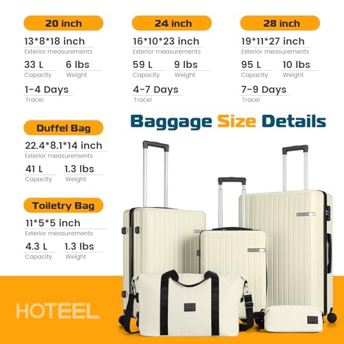Image of Hoteel Luggage Sets 5 Piece (4-YEARS WARRANTY), ABS+PC Suitcases with Wheels and Side Hook, Hardshell 20 /24 /28 inch Luggage with Duffel Bag Travel Bag, Beige