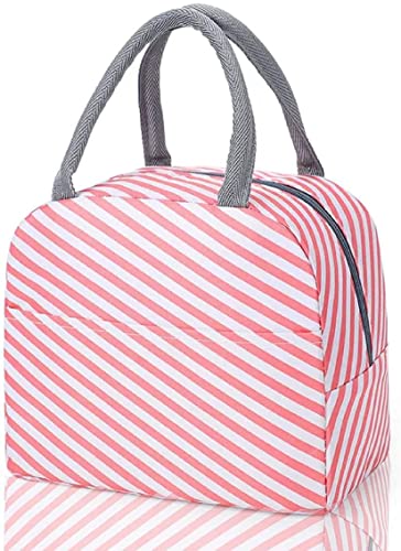 House of Quirk Insulated Lunch Bags Small for Women Work,Student Kids to School,Thermal Cooler Tote Bag Picnic Organizer Storage Lunch Box Portable and Reusable (Pink Stripes, Oxford Fabric)