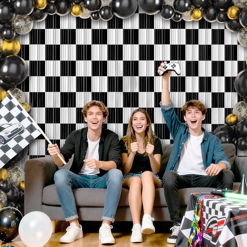 Image of Crosize 3 Pack 3.3 x 9.9 ft Black & White Foil Fringe Curtains Party Decorations, Black & White Tinsel Curtain Backdrop for Parties, Door Streamers, Glitter Streamer Backdrop for Birthday Decoration