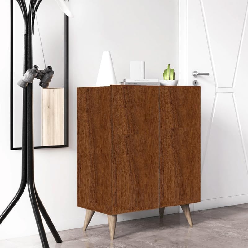 DIVYSA Shoe Rack Wooden 4-Tier Shelf Engineered Wood Cabinet Slipper Footwear with 2 Door Cabinet Stand Organizer Storage for Home | Shoe Storage | Color : Cherry Pine