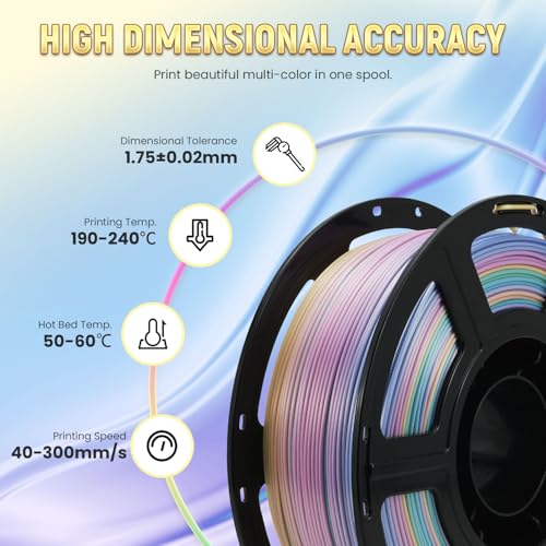 Image of FLASHFORGE Silk PLA Gradient Rainbow Pastel Dream, Multicolored Color Change Rainbow 3D Printer Filament, Yellow Purple Pink Blue Shiny Fast Color-Changing Each 8M Gradually, Ultra-High Glossiness