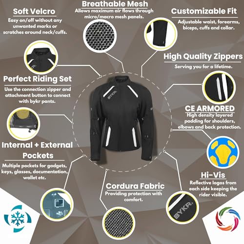 BYKR Womens Motorcycle Jacket For Women Ladies Motorsports Enduro Biker Adventure CE Armored Powersports Protective Gear for Female Motorbike Riders Jackets (BW,Medium)