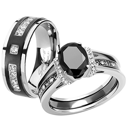 Marimor Jewelry Her and His Black Cubic Zirconia Stainless Steel Wedding Engagement Ring and Titanium Band Set