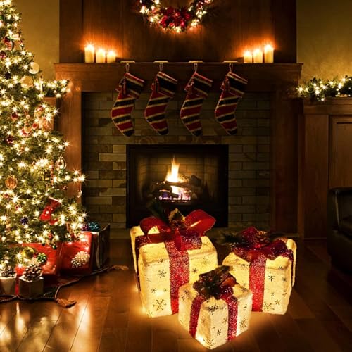 Set of 3 Christmas Lighted Gift Boxes, Pre-lit 60LED Light Up Present Boxes Ornament Outdoor, Boxes with Gold Snowflake, Battery Operated Christmas Decorations for Indoor Home, Party, Lawn Decor - Image 6