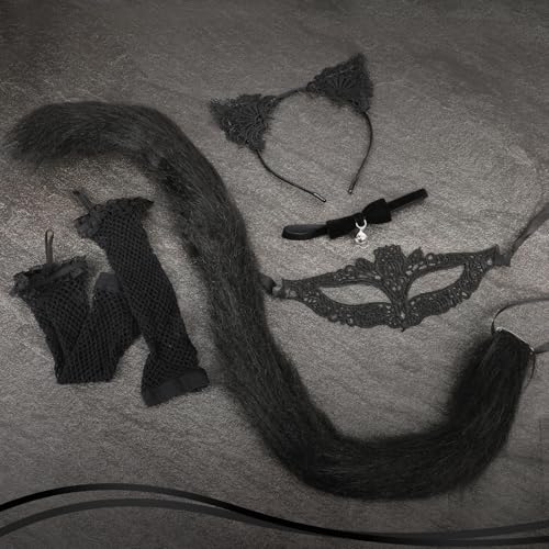 HOWAF Katzenkostüm Damen, Katzenohren Haarreif, Katzen Ohren Haarreif Katze Cat Ears, Katzenschwanz, Halskette, Maske, Handschuhe für Katze Kostüm Damen, Halloween Fasching Karneval Kostüm