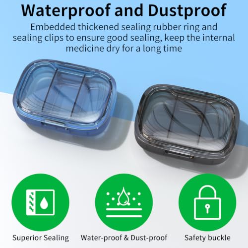 Image of 2 Pack 3 Compartment Small Pill Box, Moisture Proof Pill Case, Pill Organizer for Pocket Purse, Daily Portable Medicine Vitamin Box (Blue+Black)