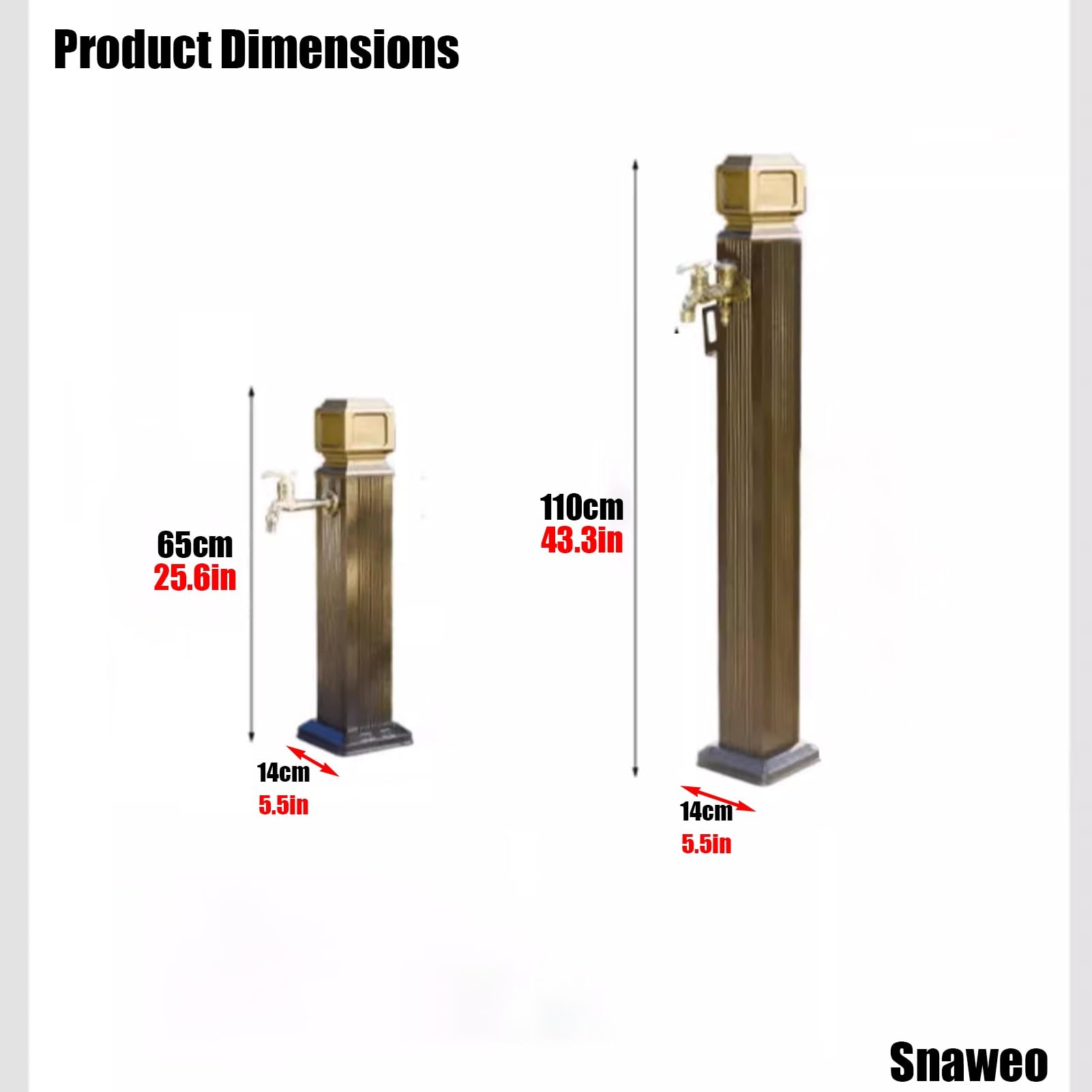 Colonne d'eau de Jardin, Colonne d'eau Verticale carrée avec Robinet en cuivre, Double Robinet extérieur résistant au Gel, pour terrasse et Jardin(Brass C,110CM/43.3IN)