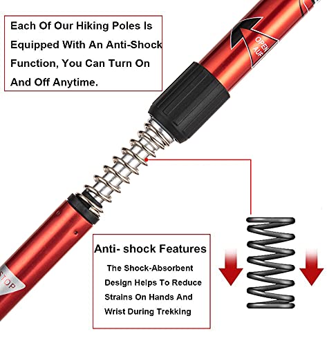 Image of Aihoye Metal Hiking Trekking Poles, 2 Pack Collapsible Lightweight Anti-Shock Walking Sticks, Adjustable for Men and Women (Red)