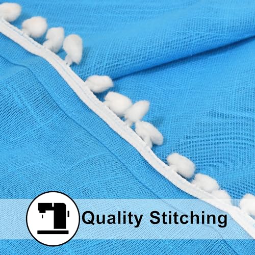 Image of THE LINEN COMPANY Cotton Curtains Net Curtains with Pom Pom Lace Rod Pocket Sheer Curtains Light Filtering Window Curtains Living Room Curtains Carolina Blue 10 Ft Pack of 2