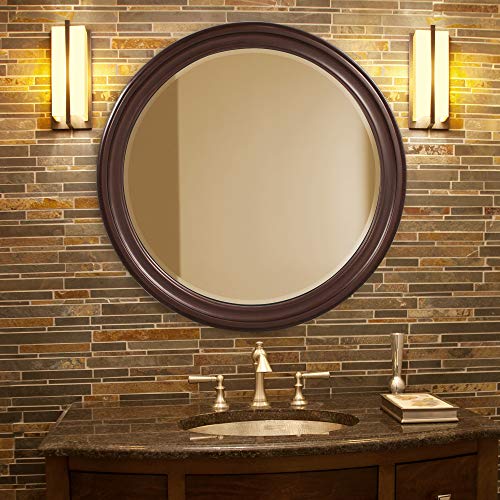 Image of Howard Elliott Collection George Round Chocolate Brown Wall Mirror, Bevelled Vintage Hanging Wood Framed Vanity Mirrors for Home Decor, Living Room, Bathroom, Bedroom, or Hallway, 36 Inch Round