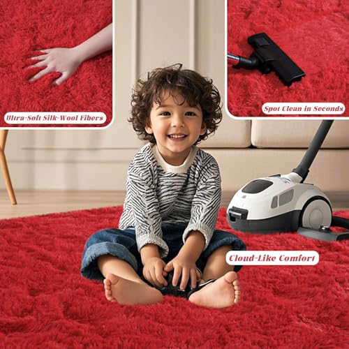 Red Rugs for Bedroom 5x7 ft - Ultra Soft Faux Fur Area Rug - Plush Non-Slip Shaggy Carpet for Living Room, Cozy Fluffy Rug for Kids Boys Girls Dorm Nursery Room, High Pile Floor Carpet