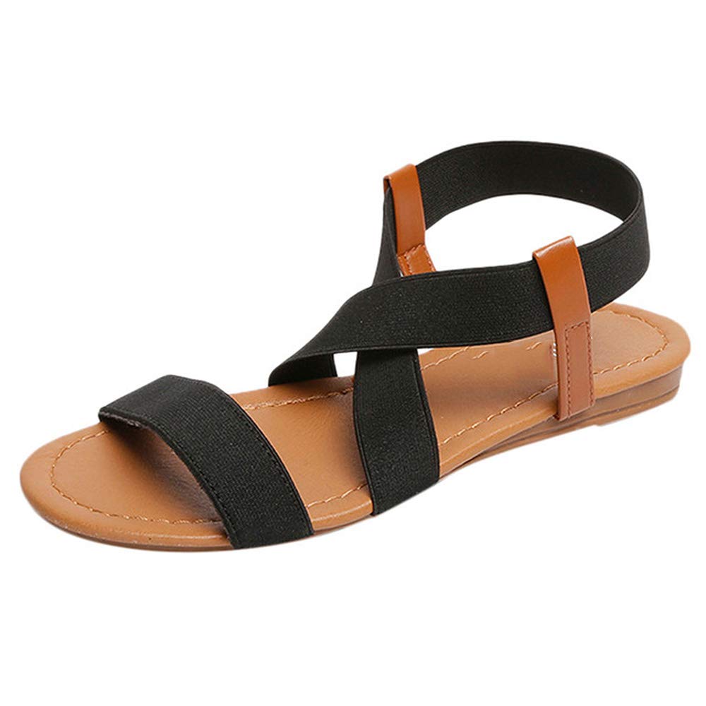 Ladies Bohemian Sandals,Black Women Sandals Women Summer Beach Roman Sandal  Open Toe Flat Casual Female Shoes Cross-Tied Elastic Band Front and Rear
