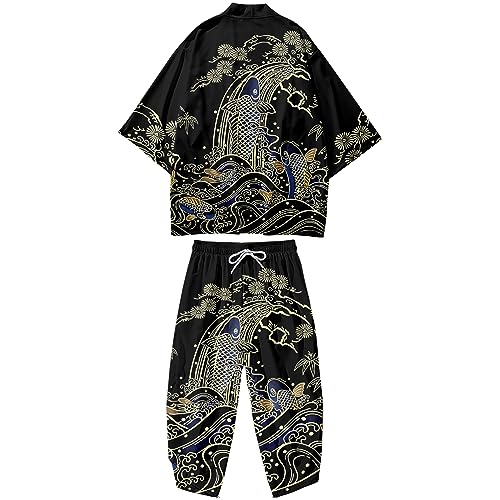 Image of DOSLAVIDA Men's Japanese Kimono Jacket Set Stylish Open Front Coat With Shorts Chinese Style Printed Cardigan Suit