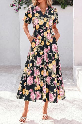 dowerme Women Summer Puff Short Sleeve Floral Boho Tiered Ruffle Maxi Dress - image 6