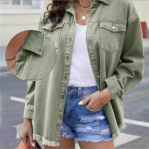 Womens Oversized Denim Jacket Distresse Jean Jacket Long Sleeve Button Up Frayed Hem Shacket Retro Western Boyfriend Coat3