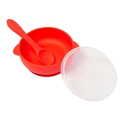 BabyMoo Silicone Unbreakable Bowl & Wood Handle Spoon for Baby Feeding, Suction Design for Toddler, Non-Slip, Non-Toxic, BPA Free, Dishwasher and Microwave Safe - Red- 1 Set