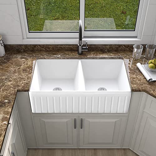 Horow Hrsw Farmhouse Kitchen Sink, 33-Inch Double Bowl Sink With Bottom Grid And Strainer,Large Apron-Front Ceramic Porcelain Sink Basin, 18"D X 33"W X 10"H, White #TOP7