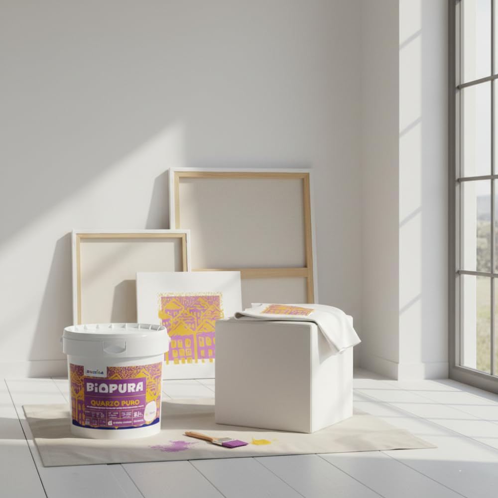 Kit Pittura Murale Quarzo Puro 5L con T-Shirt Smiling Houses, Bianco, Finitura Opaca, Cotone, Taglie S-M-L-XL, Design Pop Art (M)