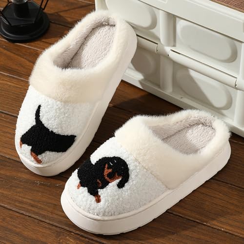 ZNEL Hausschuhe Schwarz Dackel Muster Karikatur Tier Dicke Sohle,Pantoffeln Memory Foam Kuschelige Plüsch Pantoffel Paar Indoor Haushalt(38/39 EU, White)