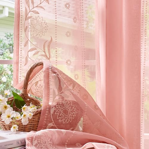 Image of jinchan Winslow Sheer Curtains 96 Inch for Bedroom Living Room Embroidered Bordered Floral Nursery Curtains for Girls Room Light Filtering Window Treatments, Beige on Pink, 2 Panels, 50 inch x 96 inch