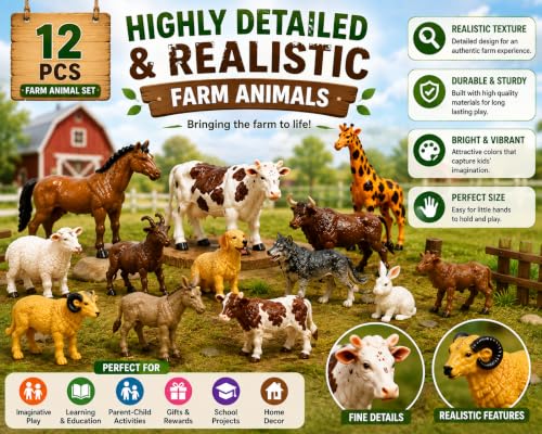 Image of Brand Conquer Farm Animal Toys for Kids, 12 Pcs Realistic Farm Animal Figures Set, Non-Toxic Plastic Learning Toys for Boys & Girls, Educational Montessori Animal Playset, Birthday Gift for 3+ Years