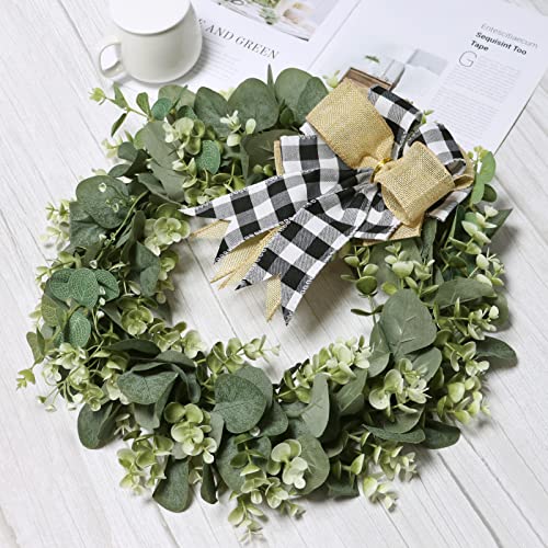 Dremisland 16" 40cm Spring Door Wreath for Front Door Artificial Eucalyptus Wreath Plaid Bow Faux Green Wreath Garland Easter Decor for Indoor Outdoor Window Porch Farmhouse Wall Garden - Image 2