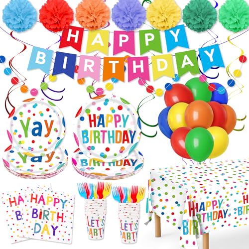 Happy Birthday Decorations - 156pc Rainbow Party Set with Plates, Napkins, Banner, Cups, Balloons (Serves 24)
