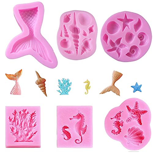Eterspr 6 Piezas Molde de Silicona de Sirena, 3D Silicona Molde de Animal Oceánico, Moldes de...