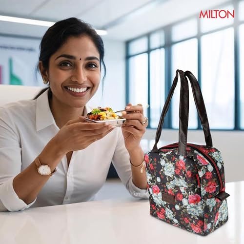 Image of MILTON Floral Lunch Bag I Design Tiffin Bag for Office for Men, Women I Eco Friendly, Spacious, Durable I 2.5 L I Black