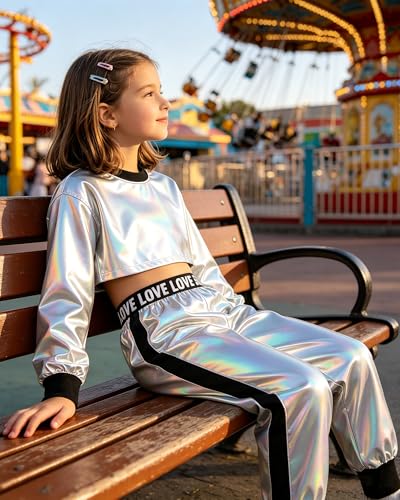 Image of Betusline Girls 2 Piece Outfits Girls Cropped Sweatsuit Pants Outfit Clothes Set, 4T-14 Years