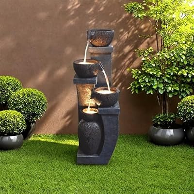 AXUSKY 4-Tier Outdoor Water Fountains with LED Lights 37.4”H Floor Standing Indoor Water Fountains for Garden Patio Deck Porch Yard Art Decor