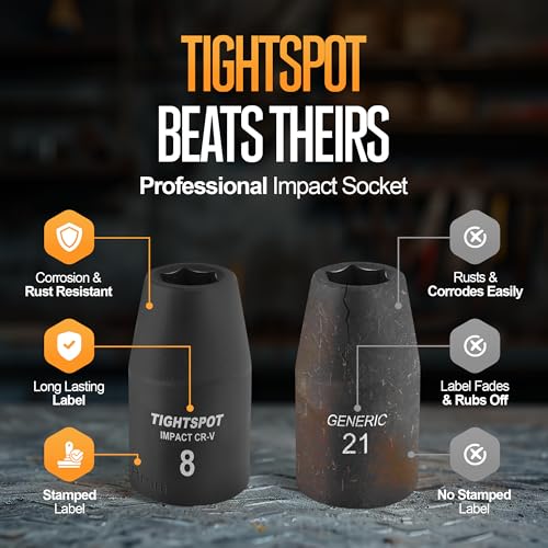 Image of TIGHTSPOT 1 /2 Inch Drive 8mm Shallow Impact Socket with Anti-Rounding 6 Point Design, Heat-Treated CRV Steel