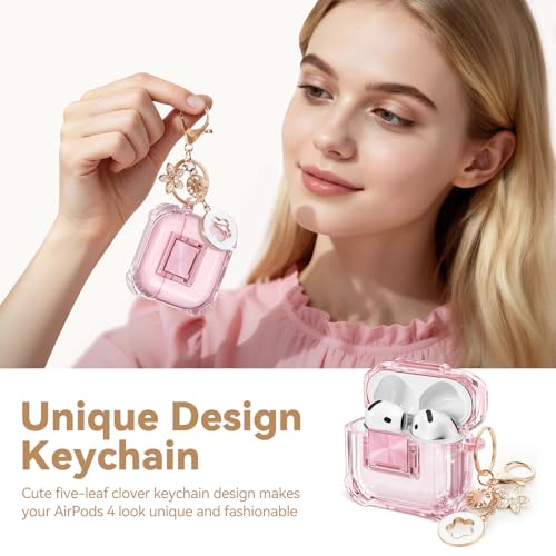 Image of for Airpods 4 Case with Safety Lock,Clear Case Soft TPU Shock-Proof Protective Cover with Cute Bling Keychain and Cleaner kit for Women Girls-Clear Pink