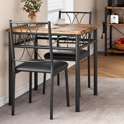 GarveeHome Small Dining Table Set for 2, Square Table and Chairs Set of 2, 3 Piece Kitchen Table Set of 2 with Upholstered Chairs, Dinner Table Set for 2 for Small Spaces, Apartment, Rustic Brown