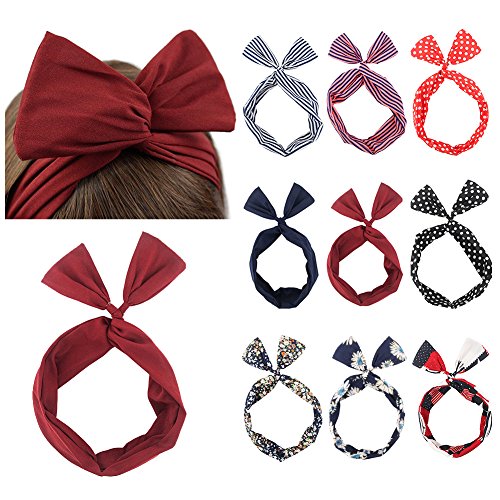 Carede Cute Rabbit Ear Twist Bow Wired Headbands Headwrap Scarf Hairband Hair Holder Hair Accessory,Pack of 9