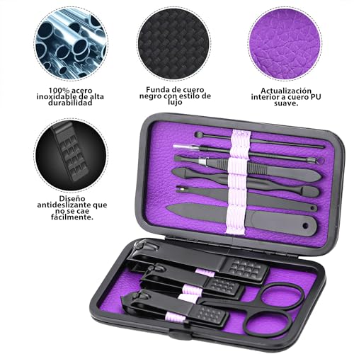 Image of Glamne Manicure Set Nail Clippers Kit Professional Stainless Steel Nail Care Tools with Leather Travel Case 10 in 1 Purple