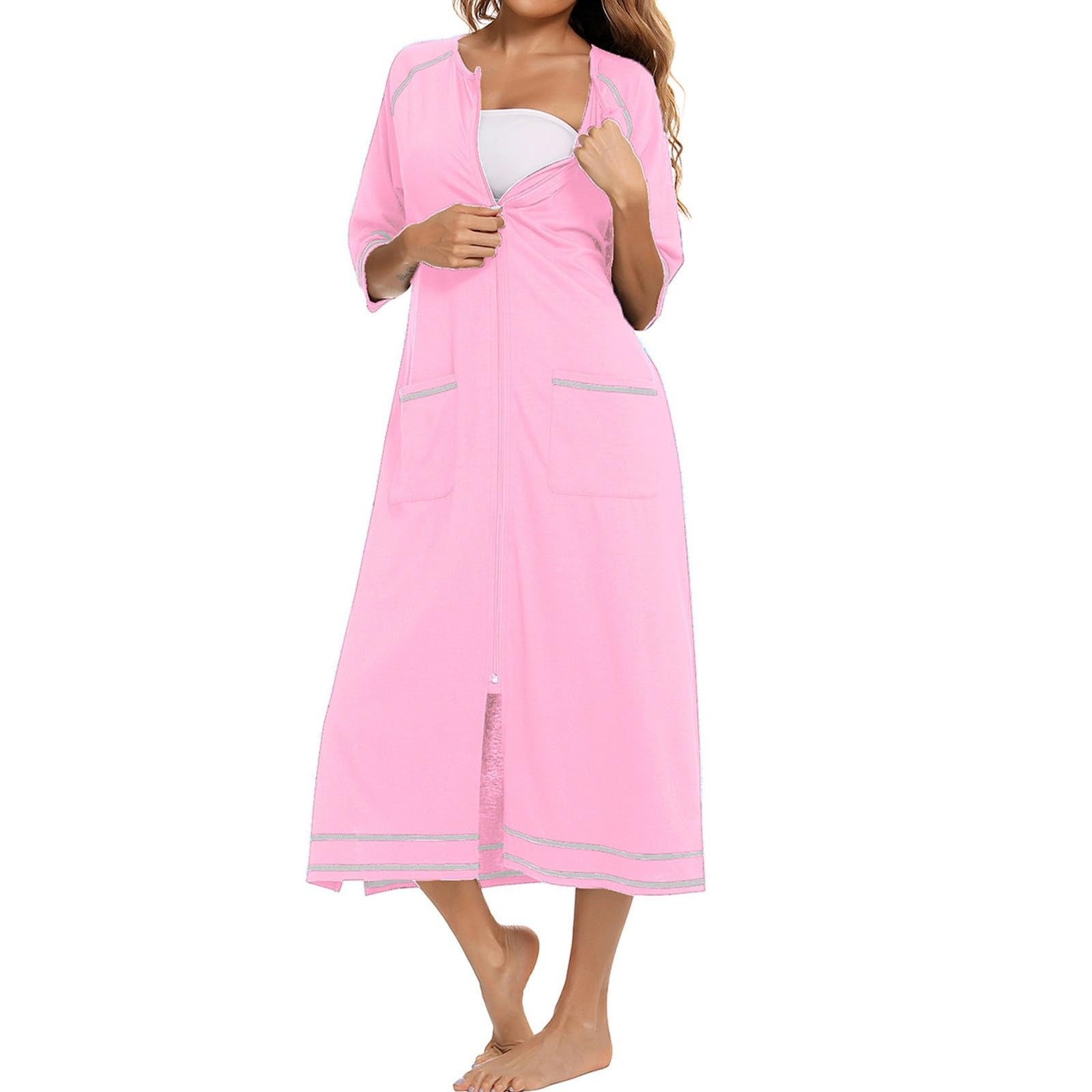 Robe Rubehoow pour femme avec fermeture éclair sur le devant, peignoir à manches mi-longues, robe de soirée douce avec poches