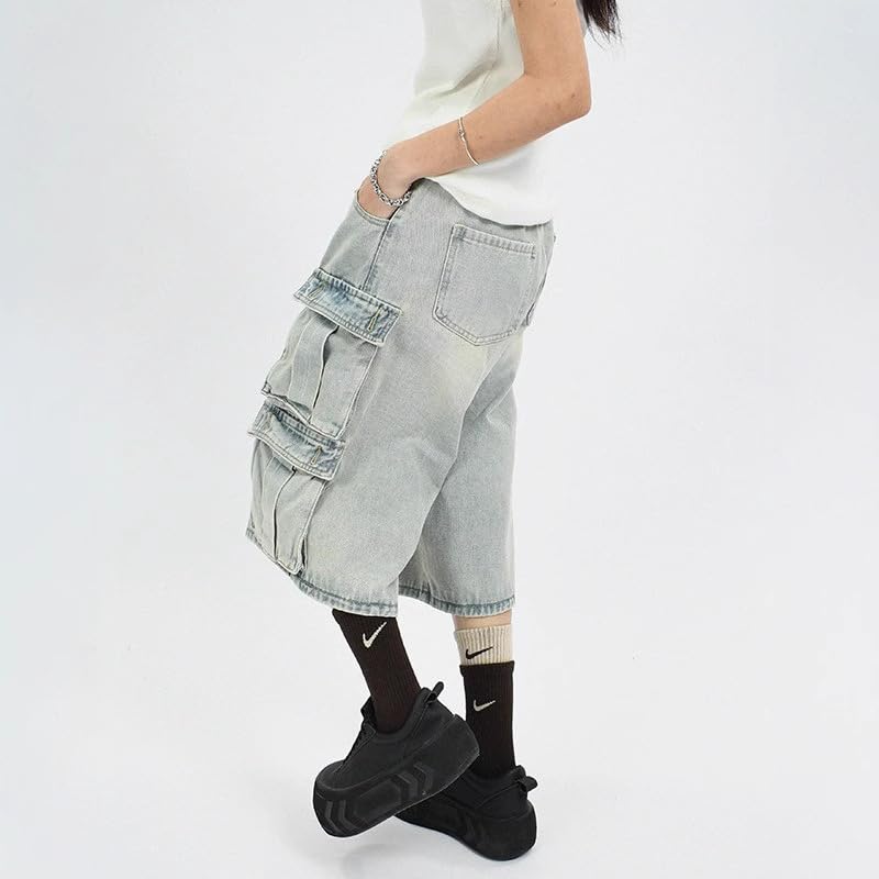 Unisex Vintage Multi Pocket Distressed Washed Cargo Pants, Loose and Casual Cropped Jeans4