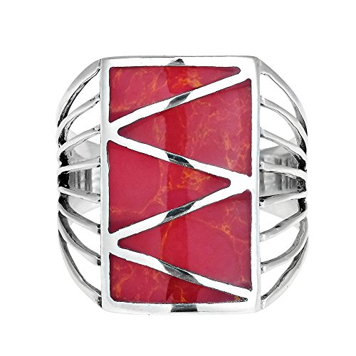 AeraVida Stripe Line Zig-Zag Reconstructed Red Coral .925 Sterling Silver Ring | Classic Wedding Rings For Women | Vintage Comfort Fit Silver Rings for Women | Gift for Women | Sterling Silver Rings Sizes (6-10)