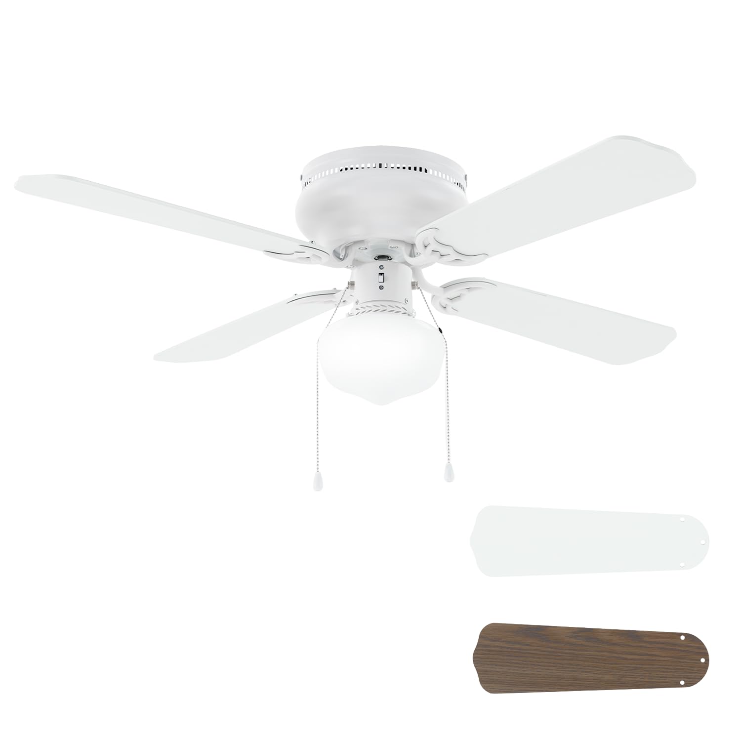Ventilador de techo de montaje empotrado de 42 pulgadas, color blanco mate, ventilador de techo tradicional con luz y cadena de tracción, diseño de perfil bajo, uso en interiores o exteriores
