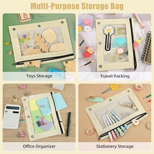 Image of Lanpn Pencil Pouch for 3 Ring Binder 6 Pack, Aesthetic Binder Pen Bags with Zipper, 3 Holes Pencil Pouches Organizer for Boy Girl Kids School Student, Reinforced Grommets & Clear Window, Beige
