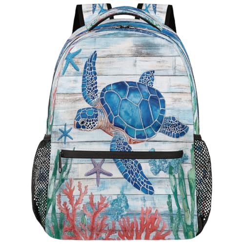 Coral De Tortugas Marina Azul Sobre Madera Mochila Ligera Mochila Escolar Unisex Mochilas Para Colegio Vuelta Al Cole Viaje 29X40Cm