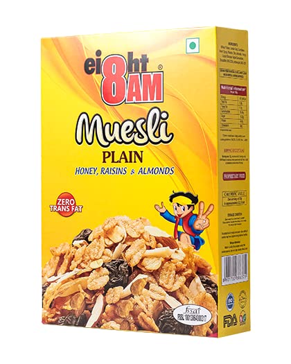 8AM Muesli Honey, Raisins & Almonds, Tasty, Nutritious and Healthy Snacks, Include Whole Grains and Seeds, 425 gm 1
