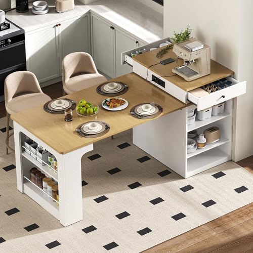 Rosebibi Isla De Cocina Con Ruedas, Mesa De Comedor Extensible Con Tablero Extraíble, Mesa De Bar Con Regletas, Sirve Como Aparador O Escritorio Para Cocina Y Comedor (Blanco-1)