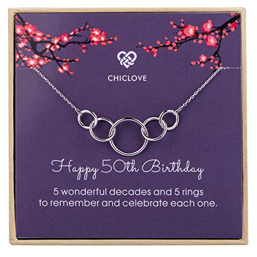 50th Birthday Gifts for Women - 925 Sterling Silver Infinity Five Circle Necklace for Her, 5 Decade Jewelry 50 Years Old, Mothers Day Jewelry