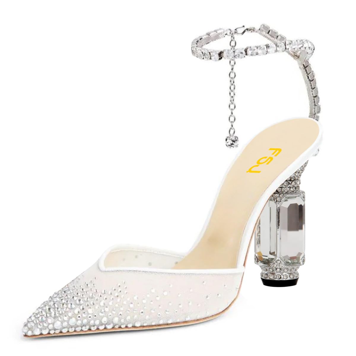 FSJ Women Bridal Heeled Sandals Pointy Toe Crystal Chain Ankle Strap Pumps Luxury Rhinestone Embellished Chunky Heels Wedding Party Dress Shoes Size 4