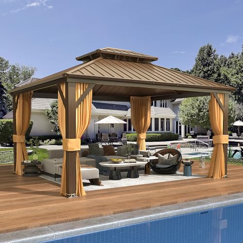 EROMMY 12 x 14 Hardtop Gazebo Aluminum Frame Gazebos with Galvanized Steel Double Roof Permanent Outdoor Metal Pavilion with Curtain and Netting for Patio Lawn Deck